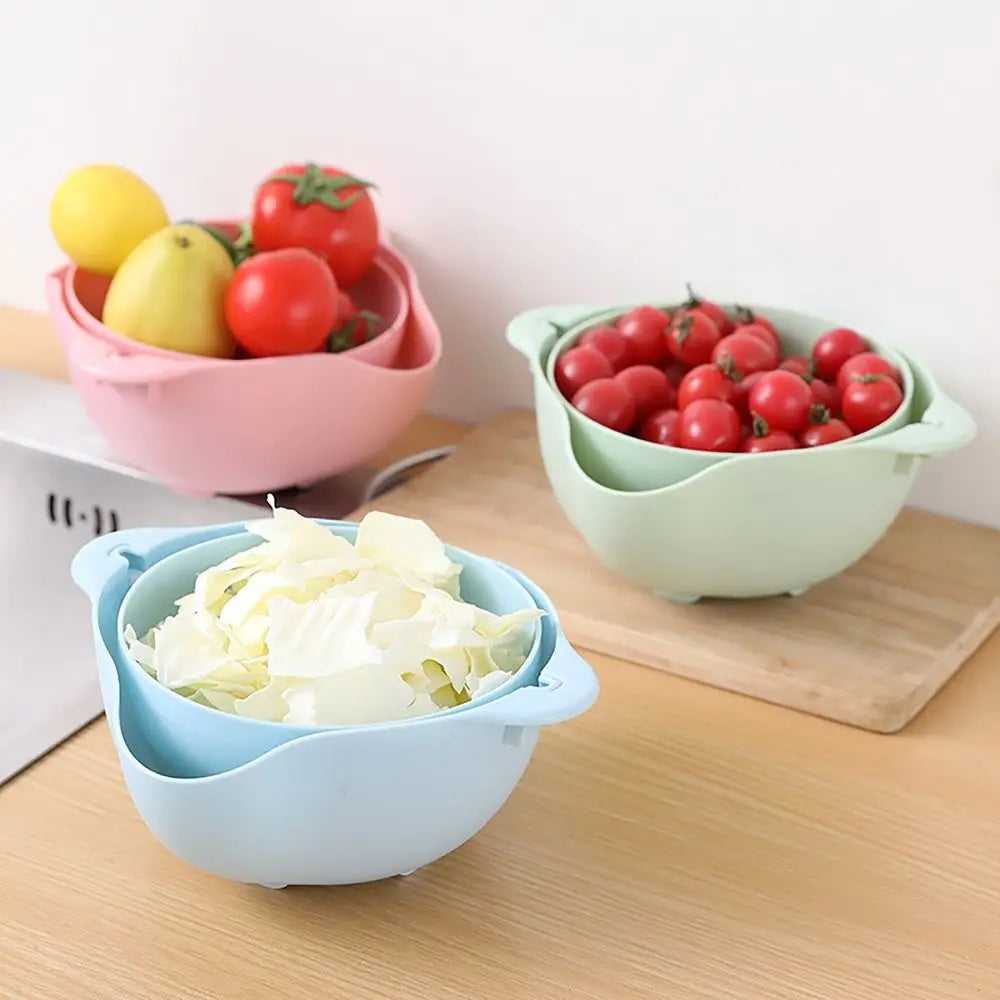 Double Layer Vegetable Drain Basket with Handle for Kitchen Use