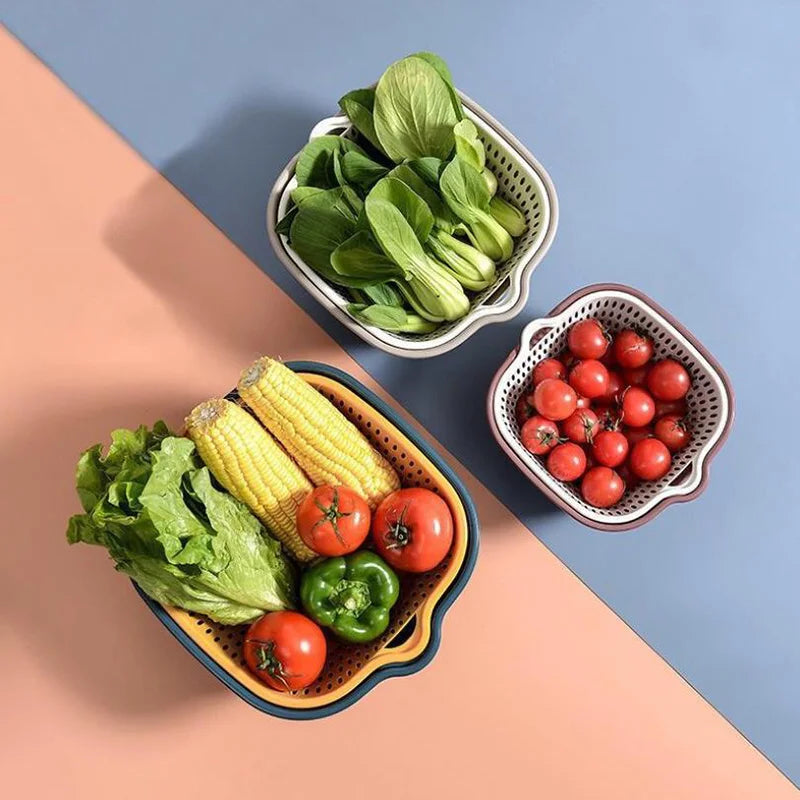 Double Layer Plastic Colander & Drain Basket for Kitchen and Fruits